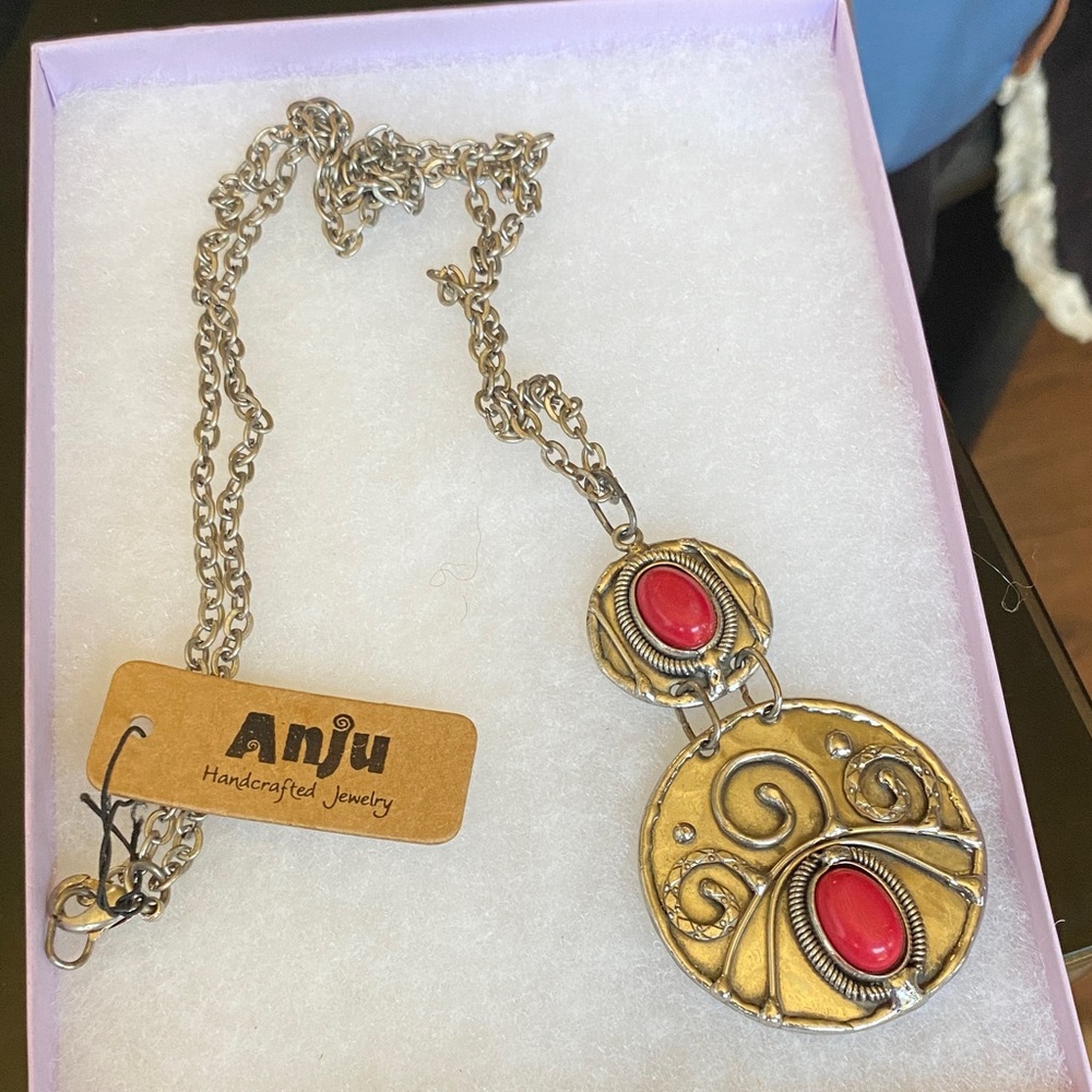 Anju Gold and Red Swirl Pendant Necklace